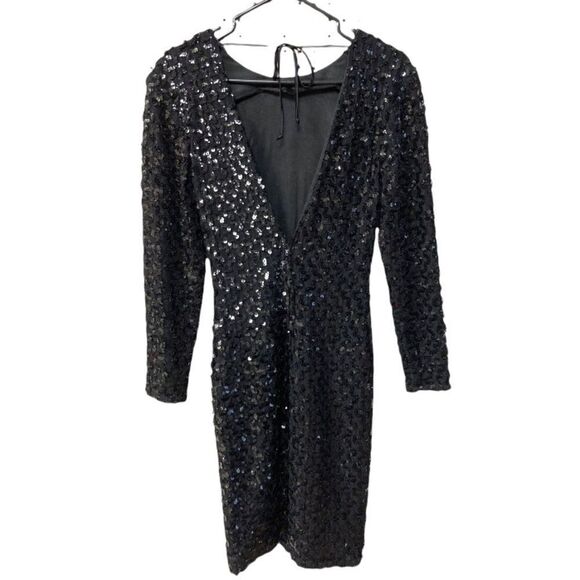 Vintage LoriAnn Sexy Black Sequinned Long Sleeve Plunge Back Mini Evening Dress - Picture 2 of 7